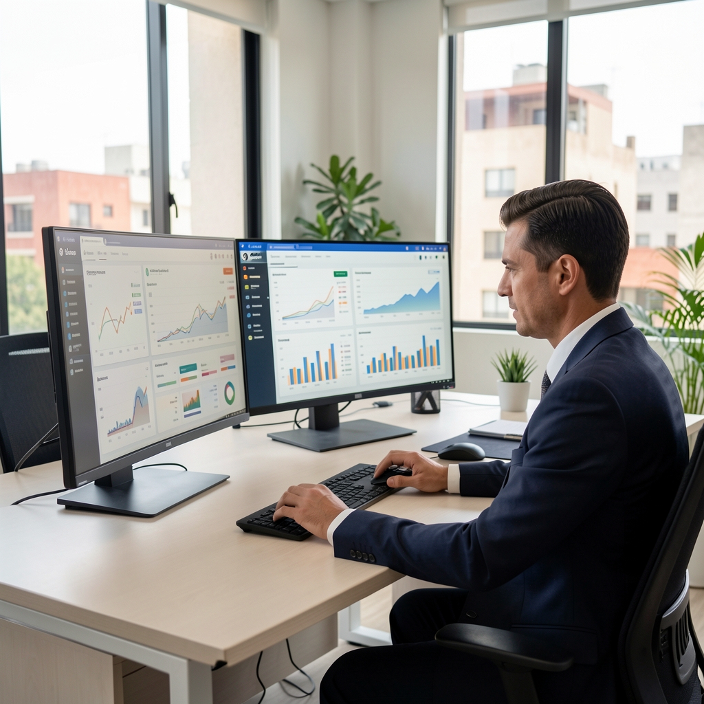 Profesional contable trabajando con dashboards de análisis de datos financieros en múltiples pantallas en oficina moderna de Córdoba Argentina