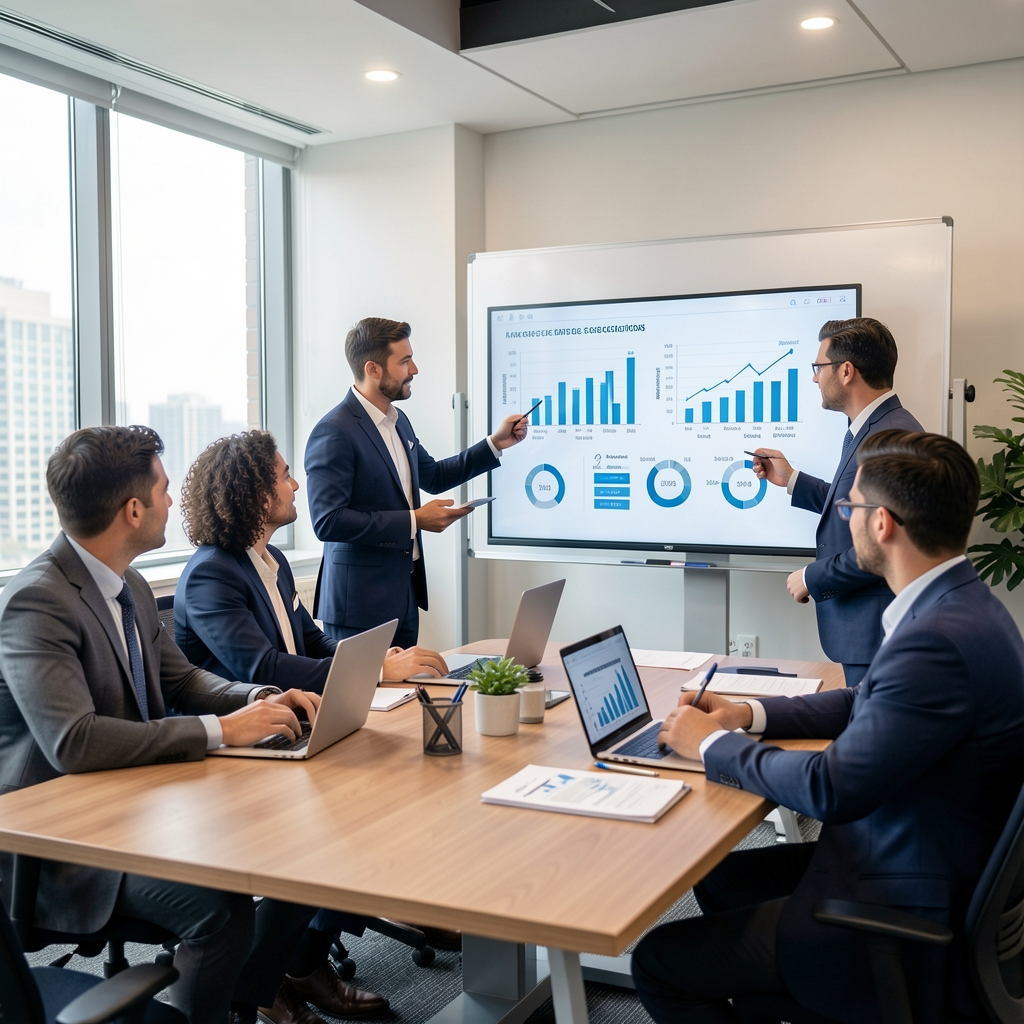 Equipo de profesionales contables analizando casos de estudio financieros con gráficos en pizarra en sala de reuniones moderna