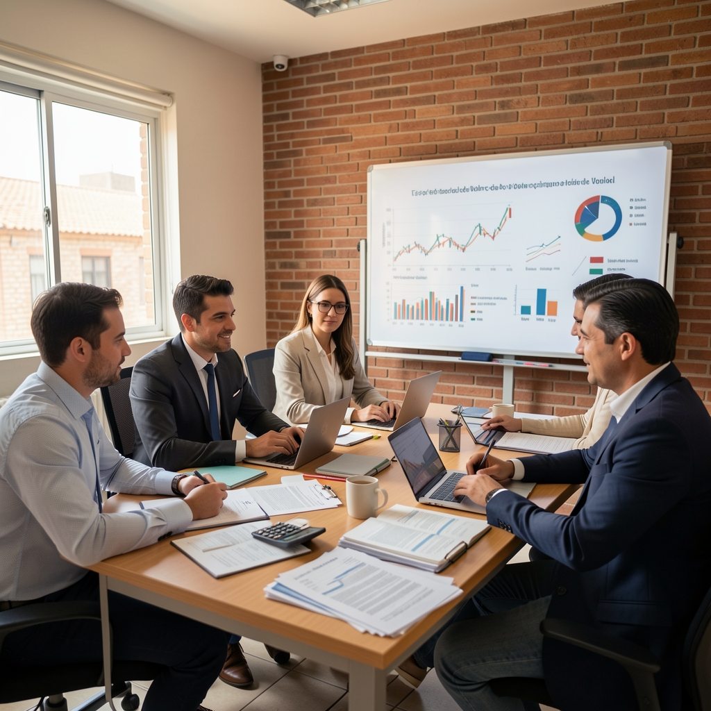 Equipo editorial de Valence reunido en sala de trabajo con materiales de análisis contable y pizarra con gráficos financieros en Córdoba Argentina