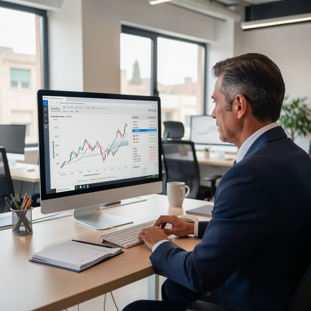 Contador profesional revisando reportes financieros digitales en una pantalla con gráficos de tendencias contables en oficina moderna de Córdoba