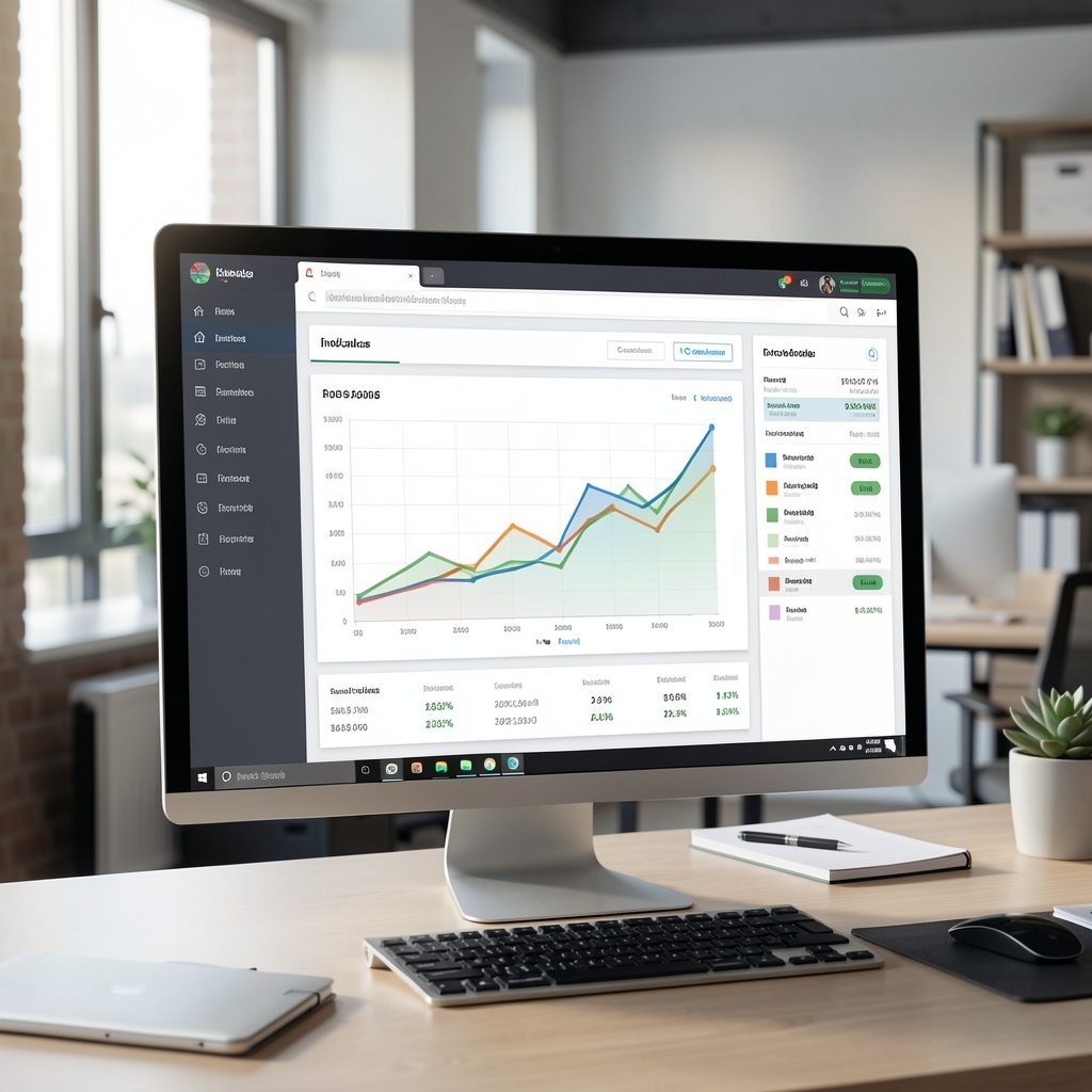 Dashboard de indicadores financieros y contables con gráficos de tendencias en pantalla de monitor en oficina de análisis financiero