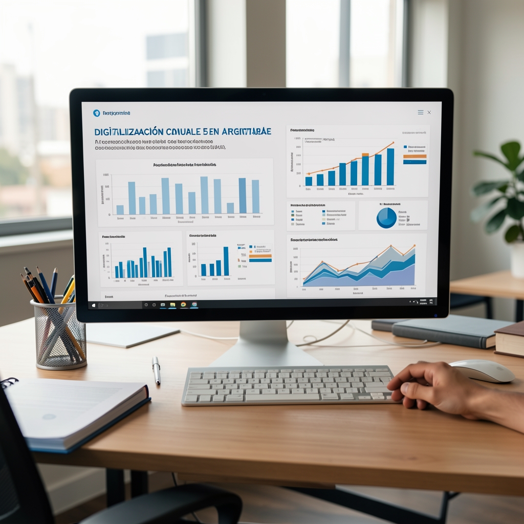 Portada del informe anual de digitalización contable en Argentina 2025 sobre escritorio de trabajo con gráficos y datos estadísticos del sector