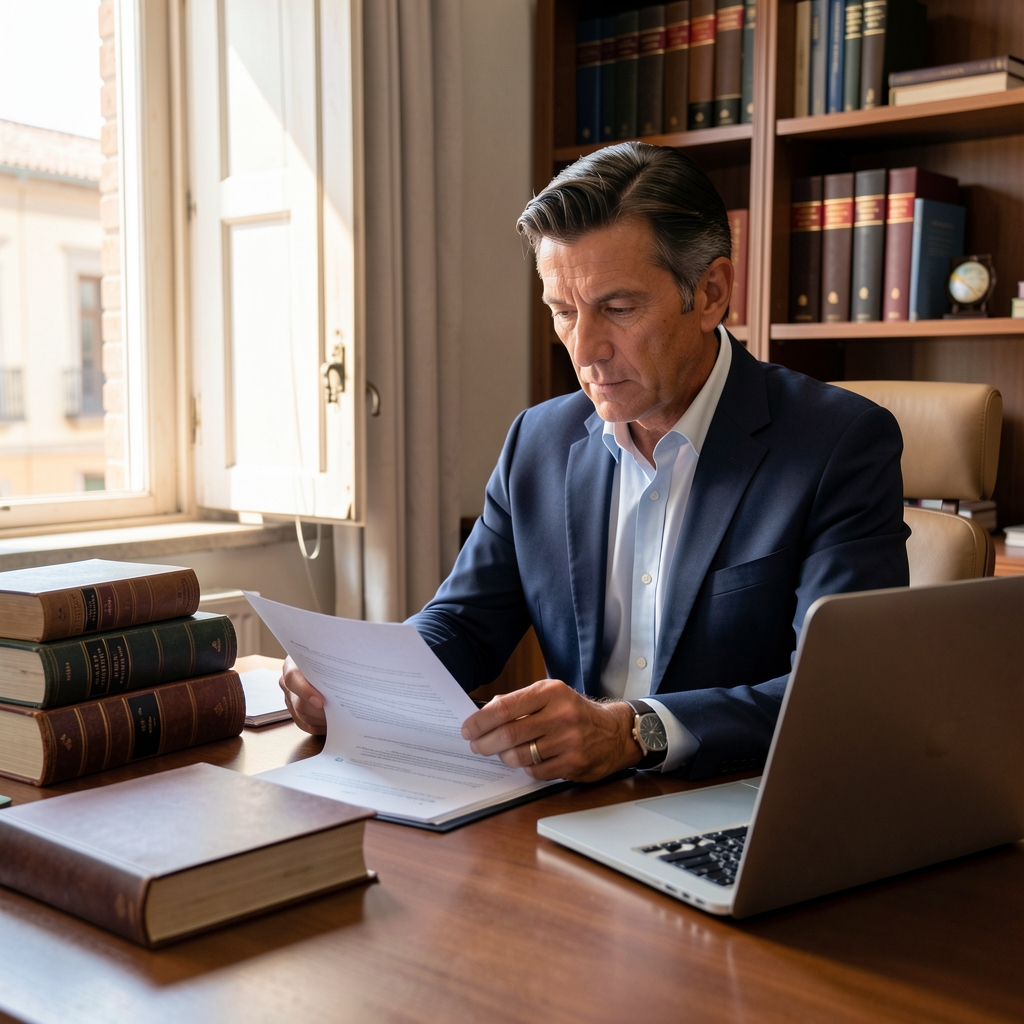 Contador revisando textos de normativa contable y resoluciones técnicas FACPCE en escritorio de trabajo con libros legales y laptop en oficina de Córdoba