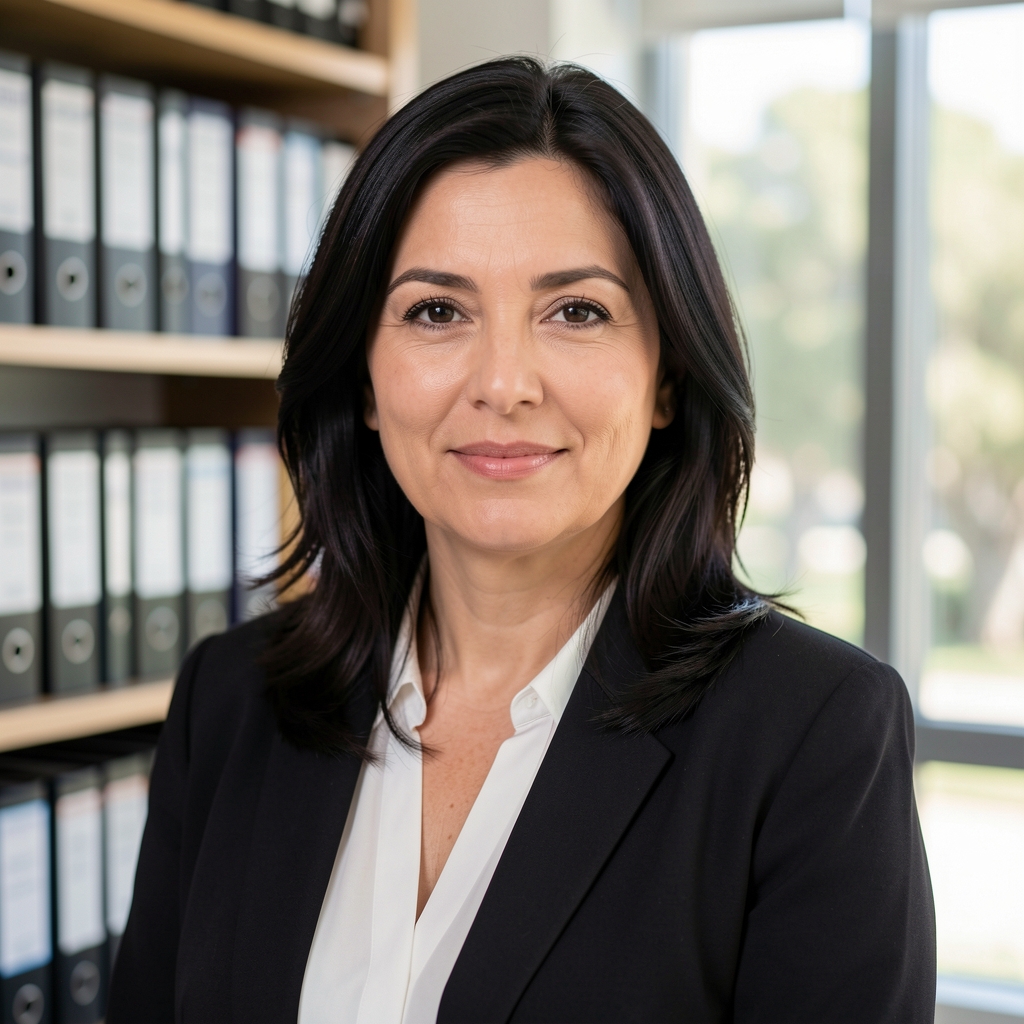 Retrato profesional de Directora Editorial de Valence, mujer de mediana edad con cabello oscuro, en oficina con estantes de libros contables