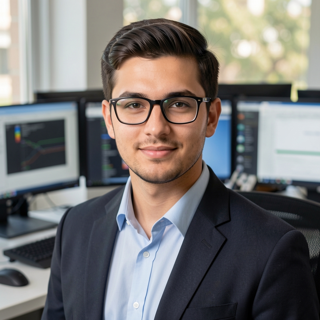 Retrato profesional de Analista de Datos Financieros de Valence, hombre joven con lentes en entorno de trabajo con múltiples monitores