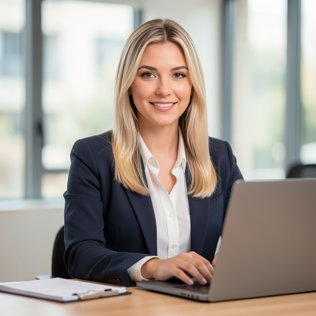 Retrato profesional de Especialista en Tecnología Contable de Valence, mujer joven con cabello claro en escritorio moderno con laptop