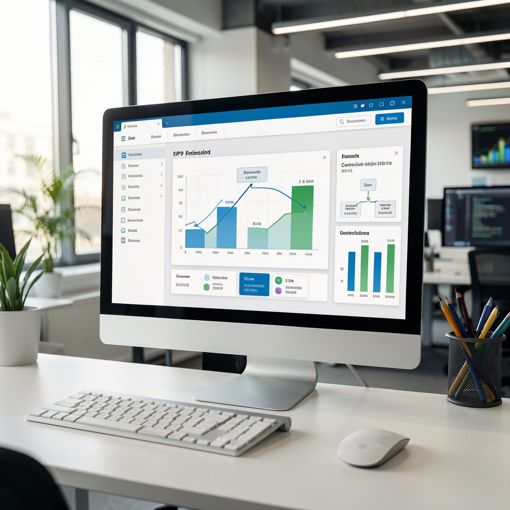 Software de gestión contable moderno mostrando módulos integrados de ERP en pantalla de computadora con gráficos de flujo de datos financieros en oficina tecnológica